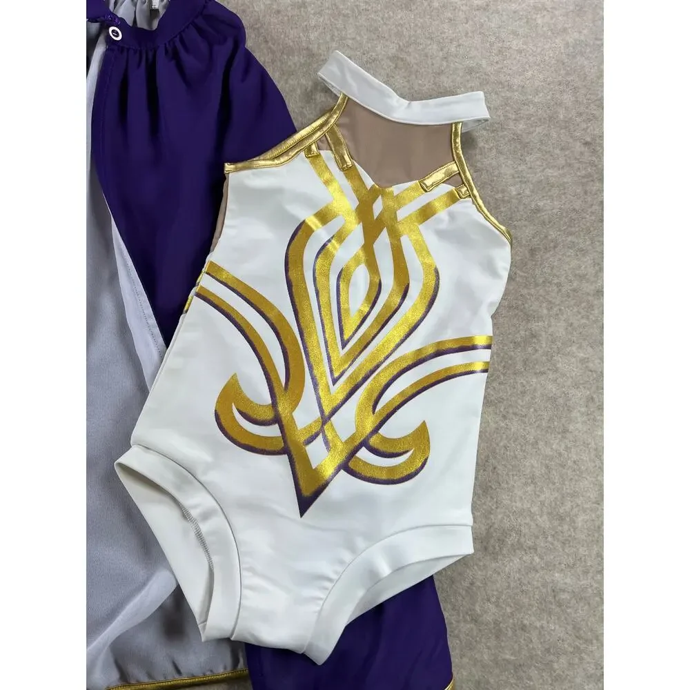 Evie's Closet LSU Tigers Golden Girl Leotard Cape Arm Sleeves Size CS (4/5) NWT